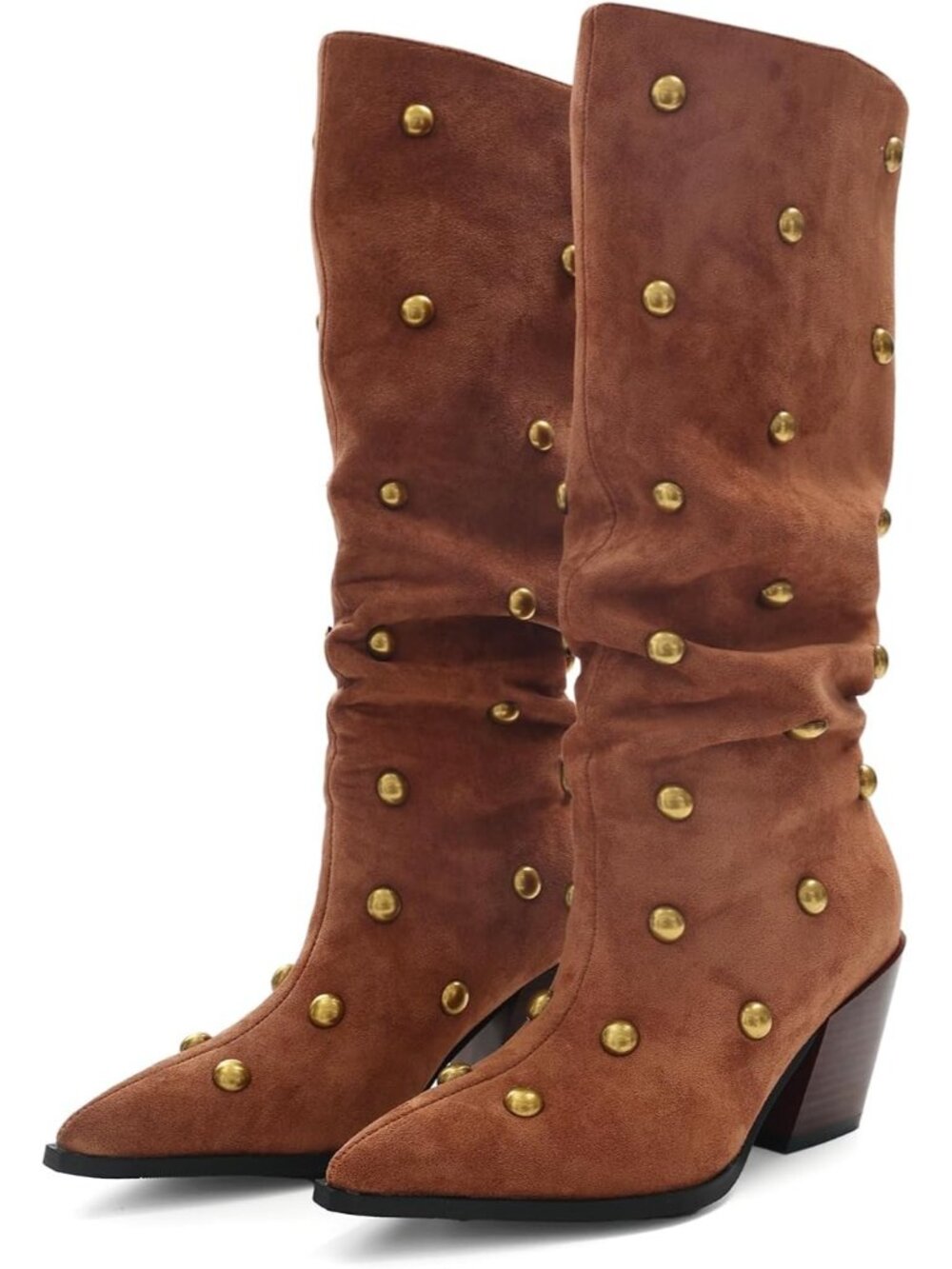 Women's Studded Brown Faux Suede Pointed Toe Block Straight Shaft Heel Boots